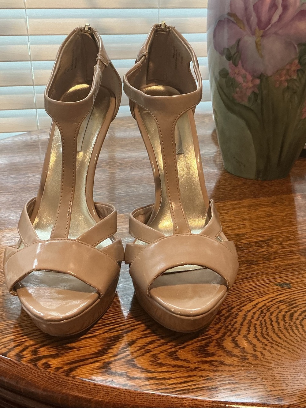 Steve Madden Nude Patent T-Strap Platform Heels